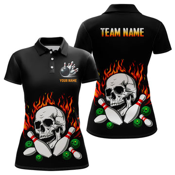 Custom Flame Bowling Skull Women Bowling Polo Custom Team Bowling Jerseys, Bowling Gifts