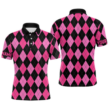 Custom Mens golf polo shirts custom pink and black argyle plaid pattern golf attire for men