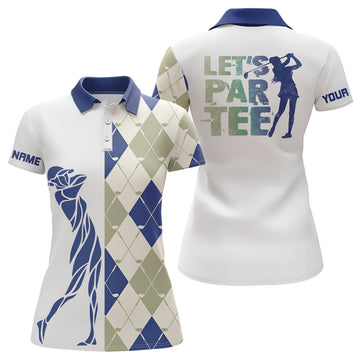 Custom Blue And White Golf Shirt Argyle Pattern Golf Clubs Custom Name Womens Golf Polo Shirts Let's Par Tee