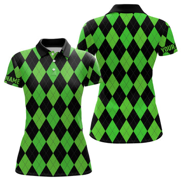 Custom Womens Golf Polo Shirts Custom Green And Black Argyle Plaid Pattern Golf Attire For Ladies