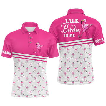 FUNSTUFFPRINT Funny Mens golf polo shirts custom pink and white flamingo golf shirts talk birdie to me Polo Shirt Size S-5XL