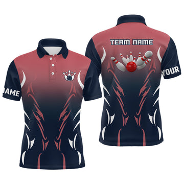 FUNSTUFFPRINT Mens polo bowling shirts Custom navy and red retro bowling team Polo Shirt Size S-5XL