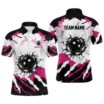 FUNSTUFFPRINT Personalized pink and white camo bowling polo shirts for men, custom team men's bowling Polo Shirt Size S-5XL