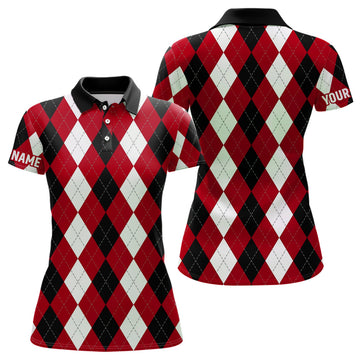 Custom Womens Golf Polo Shirts Custom Red Argyle Plaid Pattern Golf Attire For Women, Golf Gifts