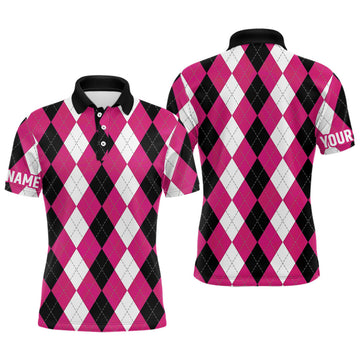 Custom Mens golf polo shirts custom pink argyle plaid pattern golf attire for men, golfing gifts
