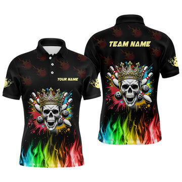 FUNSTUFFPRINT Colorful Flame Skull Bowling Polo, Custom Bowling Team League Polo Shirt Size S-5XL