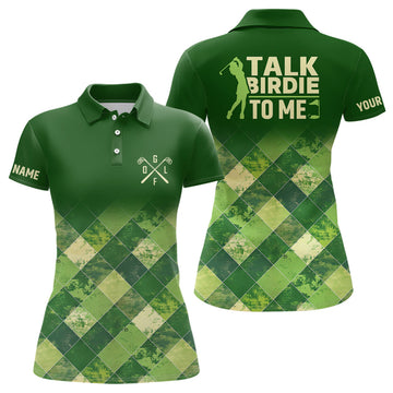 Custom Funny Womens Golf Polo Shirt Custom Green Argyle Pattern Golf Shirts For Ladies Talk Birdie To Me