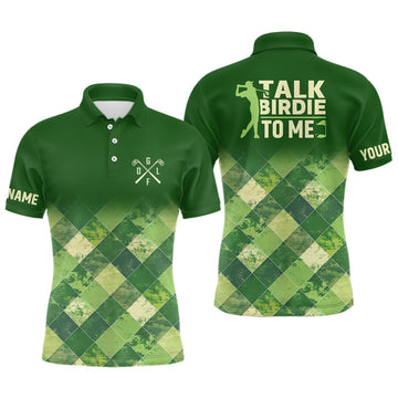 Custom Funny Mens golf polo shirts custom green argyle pattern golf shirt for mens talk birdie to me