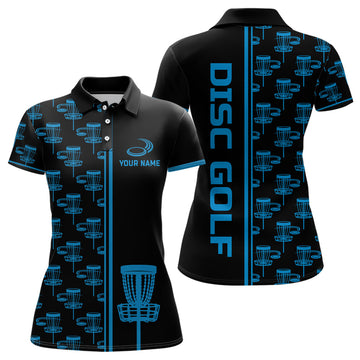 Custom Womens Golf Polos Shirts Black And Blue Gradient Disc Golf Basket Custom Disc Golf Jerseys
