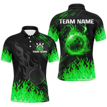 FUNSTUFFPRINT Personalized black and green Flame bowling Polo Shirt Size S-5XL