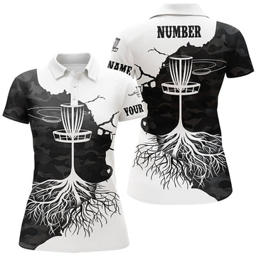 Custom Black Camo Womens Disc Golf Polo Shirt Custom Black White Disc Golf Tops For Women Golf Gifts