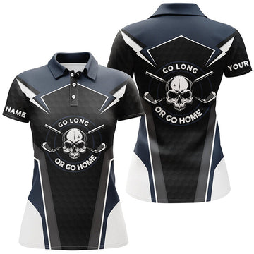 Custom Skull Golf Shirts For Womens, Navy Skull Custom Name Womens Golf Shirt, Golf Polo Shirts For Ladies
