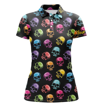 Custom Colorful Skull Golf Polo Shirts Personalized Halloween Golf Shirts For Women, Golf Gifts