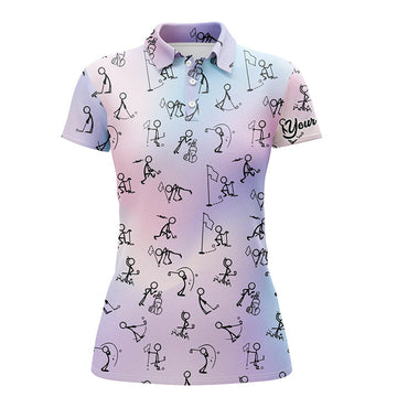 Custom Rainbow Gradient Stick Figures Playing Golf Polo Shirt Custom Golf Tops For Women Golf Gifts