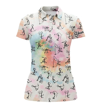 Custom Rainbow Tie Dye Stick Figures Playing Golf Polo Shirt Custom Golf Shirts For Women Golf Gifts