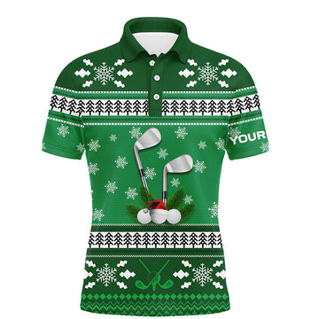 FUNSTUFFPRINT Custom Green Christmas Mens Golf Polo Shirt Snowflakes Winter Golf Shirts For Men Golfing Gifts Polo Shirt Size S-5XL