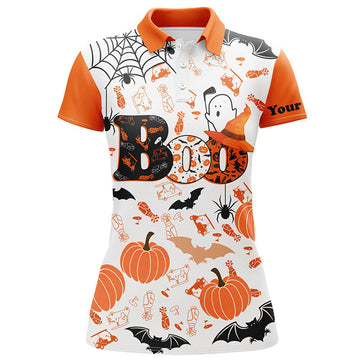 Custom Boo Halloween Golf Pattern Orange Polo Shirt Custom Funny Golf Shirts For Women Golf Gifts