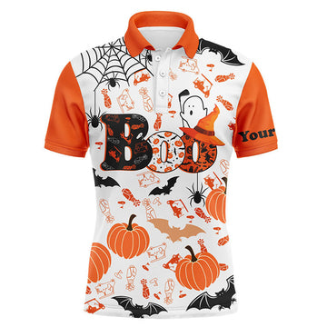 FUNSTUFFPRINT Boo Halloween Golf Pattern Orange Polo Shirt Custom Funny Golf Shirts For Men Golf Gifts Polo Shirt Size S-5XL