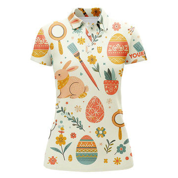 Custom Colorful Easter Eggs & Bunnies Womens Golf Polo Shirt Custom Easter Funny Golf Tops For Women