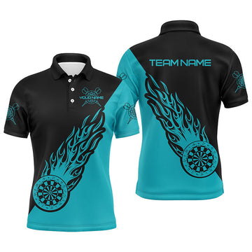 FUNSTUFFPRINT Personalized Turquoise & Black Flame Darts Men Polo Shirt Darts Shirt For Men Dart Polo Shirt Size S-5XL