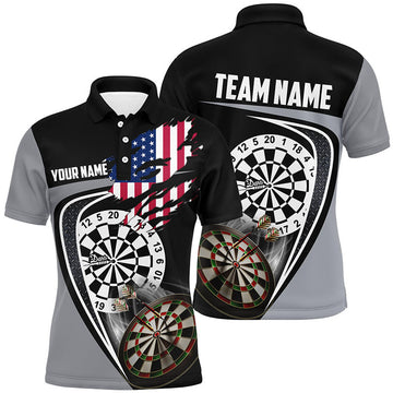 Custom Black Grey American Flag Mens Darts Polo Shirt Custom Patriotic Dart Jerseys For Men