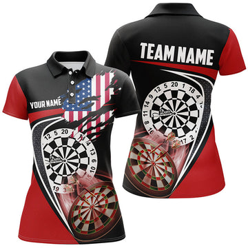 CustomBlack Red American Flag Womens Darts Polo Shirt Custom Patriotic Dart Jerseys For Women