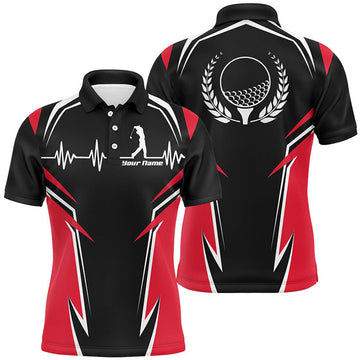 FUNSTUFFPRINT Black Red Mens Golf Polo Shirts, Personalized Heartbeat Golf Shirts For Men Polo Shirt Size S-5XL