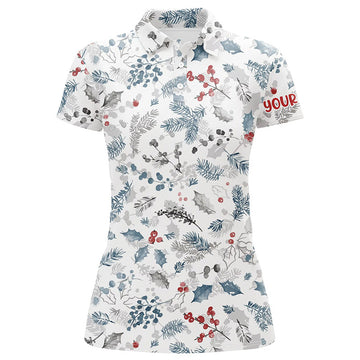 Custom Blue Winter Holly Seamless Custom Golf Polo Shirts Christmas Golf Shirts For Women Golf Gifts