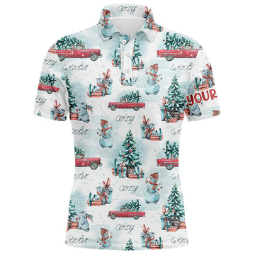 FUNSTUFFPRINT Watercolor Snowmen Christmas Trees Mens Golf Polo Shirt Custom Cozy Christmas Golf Shirts For Men Polo Shirt Size S-5XL