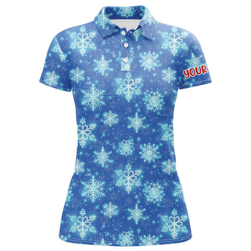 Custom Christmas Glitter With Snowflakes Blue Golf Polo Shirts Custom Christmas Golf Gifts For Women