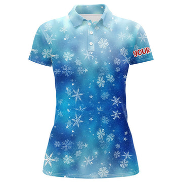 Custom Snowflakes And Blurred Lights Blue Christmas Golf Polo Shirts Custom Golf Shirts For Women