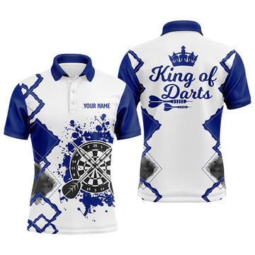 Custom King Of Darts Blue White Mens Darts Polo Shirt Customized Darts Jersey For Men