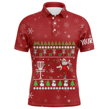 FUNSTUFFPRINT Customized Santa Playing Disc Golf Red Christmas Mens Polo Shirt Cool Disc Golf Gifts For Men Polo Shirt Size S-5XL