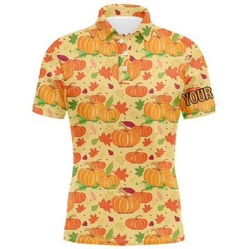 FUNSTUFFPRINT Happy Thanksgiving Day Mens Golf Polo Shirt Orange Pumpkins Falling Leaves Golf Polo Shirt Size S-5XL