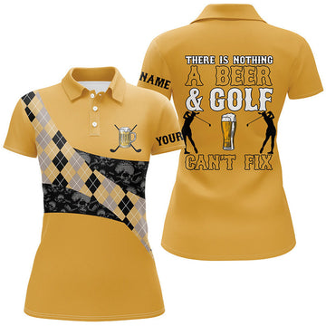 Custom There Is Nothing A Beer & Golf Can't Fix Polo Shirt Yellow Argyle Skull Golf Shirts For Women