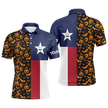 FUNSTUFFPRINT Halloween Texas Flag Mens Golf Polo Shirt, Funny Texas Shirt For Halloween Polo Shirt Size S-5XL