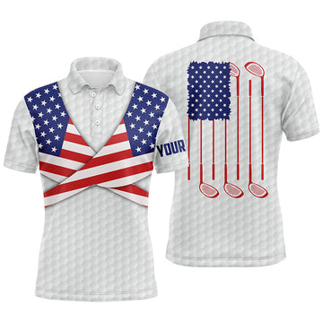 FUNSTUFFPRINT American Flag White Golf Pattern Mens Polo Shirt Patriotic Golf Polo Shirt Size S-5XL