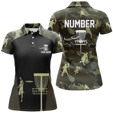 Custom Green Camo Womens Disc Golf Polo Shirts, Custom Camouflage Golf Shirts For Women, Disc Golf Gifts