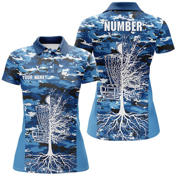 Custom Blue Camo Womens Disc Golf Polo Shirts, Custom Camouflage Golf Shirts For Women, Disc Golf Gifts