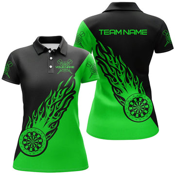 Custom Personalized Green Black Flame Womens Darts Polo Shirt Darts Shirt For Women Dart Jerseys