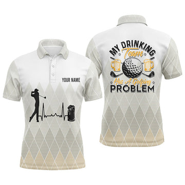Custom Argyle Pattern Mens Golf Polo Shirt, Personalized Heartbeat Beer Golf Shirts For Men, Golfer Gifts