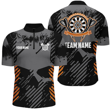 Custom Grey Grunge Orange Skull Darts Quarter-Zip Shirts Custom Dart Shirts For Men Dart Jersey