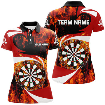 Custom Fire Flame Dartboard Womens Red Dart Polo Shirts Custom Darts Shirt For Women Dart Jerseys