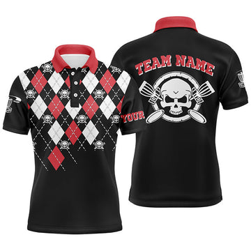 FUNSTUFFPRINT Personalized Skull Argyle Pattern Mens Disc Golf Polo Shirt Custom Disc Golf Team Shirts For Men Polo Shirt Size S-5XL