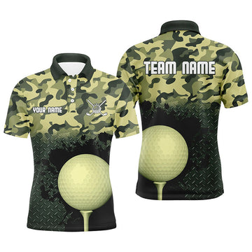 FUNSTUFFPRINT Green Camo Mens Golf Polo Shirts Customized Camouflage Golf Shirts For Men, Golfer Gifts Polo Shirt Size S-5XL