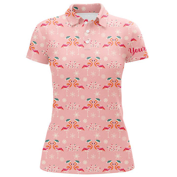 Custom Pink Christmas Flamingos Womens Golf Polo Shirt Custom Funny Golf Shirts For Women Golf Gifts