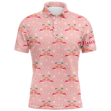 FUNSTUFFPRINT Pink Christmas Flamingos Mens Golf Polo Shirt Custom Funny Golf Shirts Polo Shirt Size S-5XL