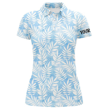 Custom Watercolor Blue Leaves Tropical Pattern Womens Golf Polos Personalized Golf Tops For Women