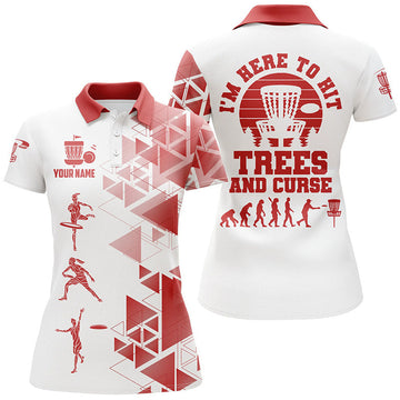 Custom Personalized Womens Red & White Disc Golf Polo Shirts, Evolution Disc Golf Shirts For Women
