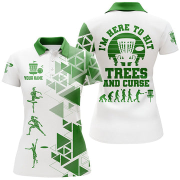 Custom Personalized Womens Green & White Disc Golf Polo Shirts, Evolution Disc Golf Shirts For Women